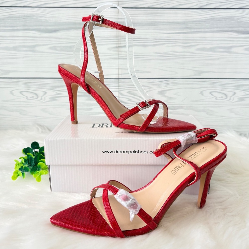 Dream Pairs Red Faux Snakeskin Rhinestone Buckle Strappy Stiletto Heels